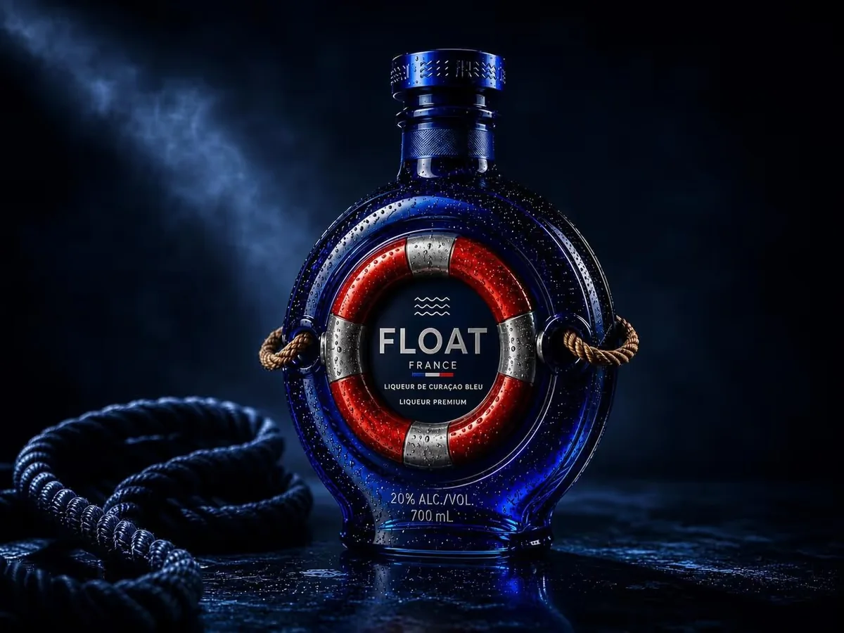 Float France premium packaging for a blue curaçao liqueur