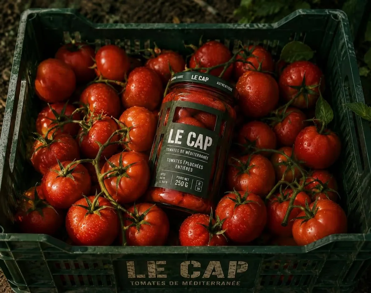 Le Cap Mediterranean tomato packaging presented in a harvest crate