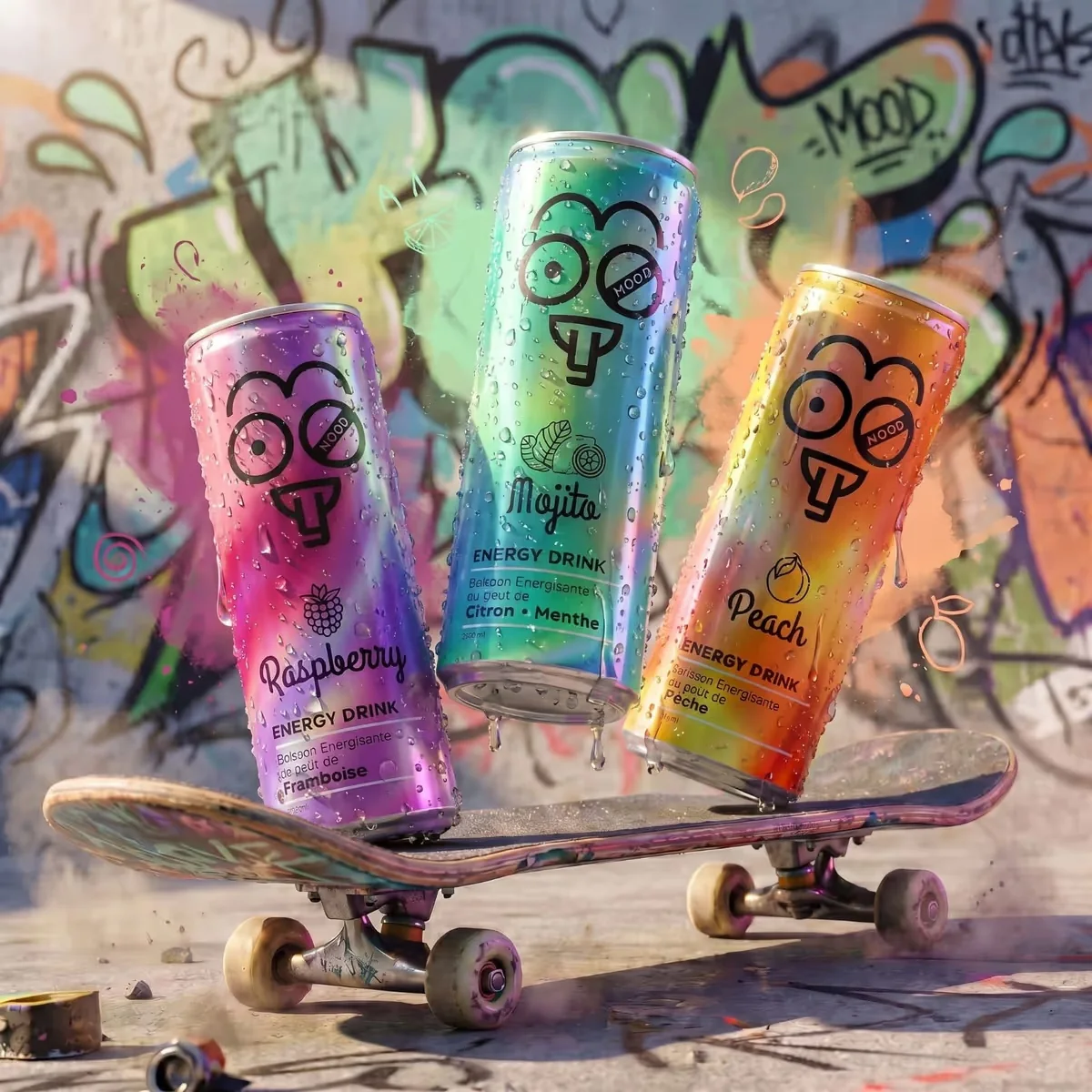 Moody energy drink, colourful cans in a street-and-skate setting