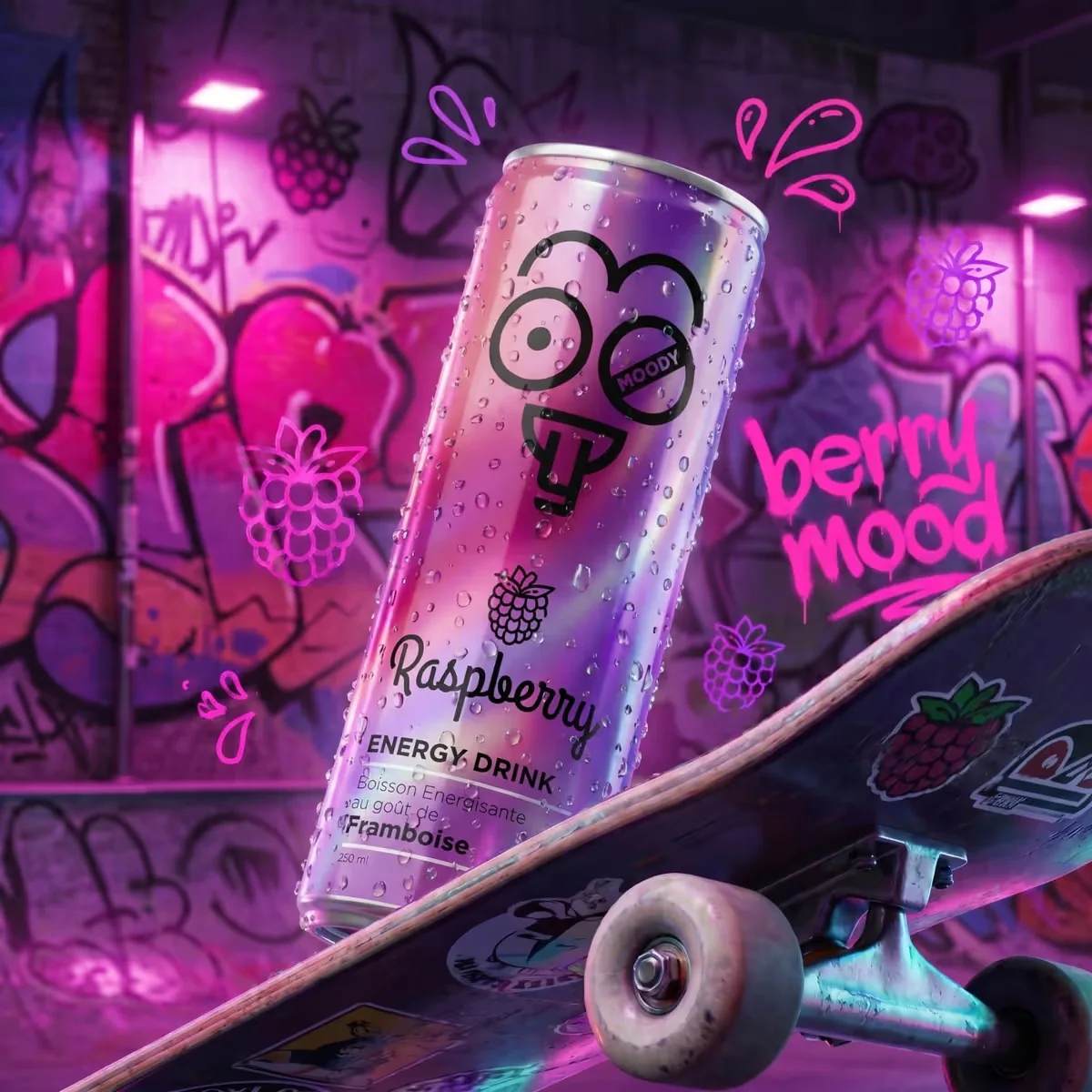 Moody energy drink packaging — Berry mood