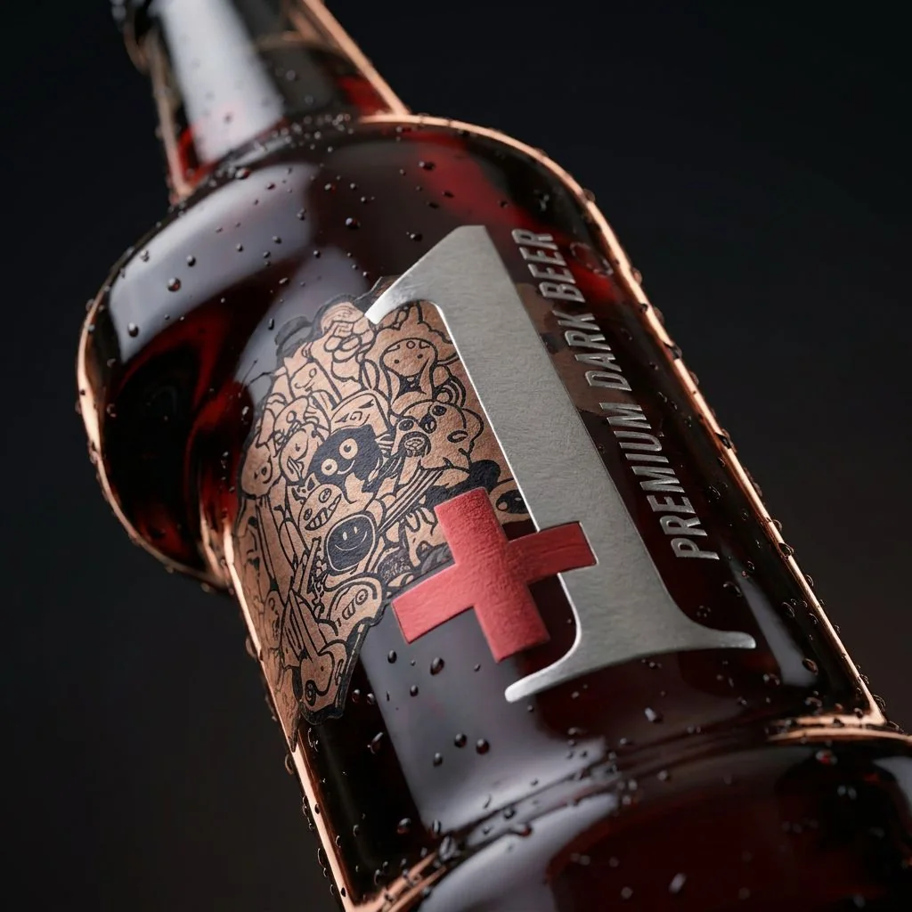 +1 bière premium dark beer packaging — Material tension