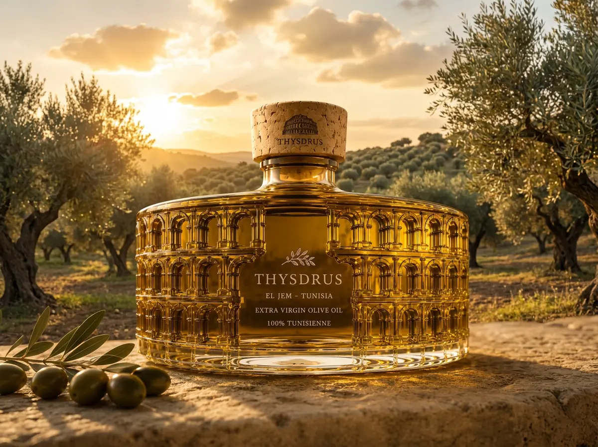 THYSDRUS — design packaging d’huile d’olive extra vierge tunisienne inspiré d’El Jem