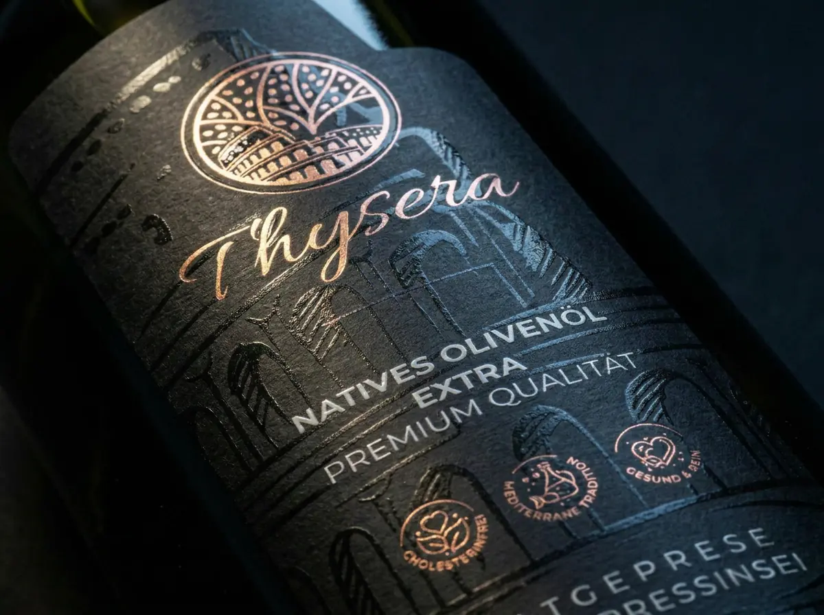 THYSERA — packaging huile d’olive premium Tunisie, étiquette noire et finitions cuivre